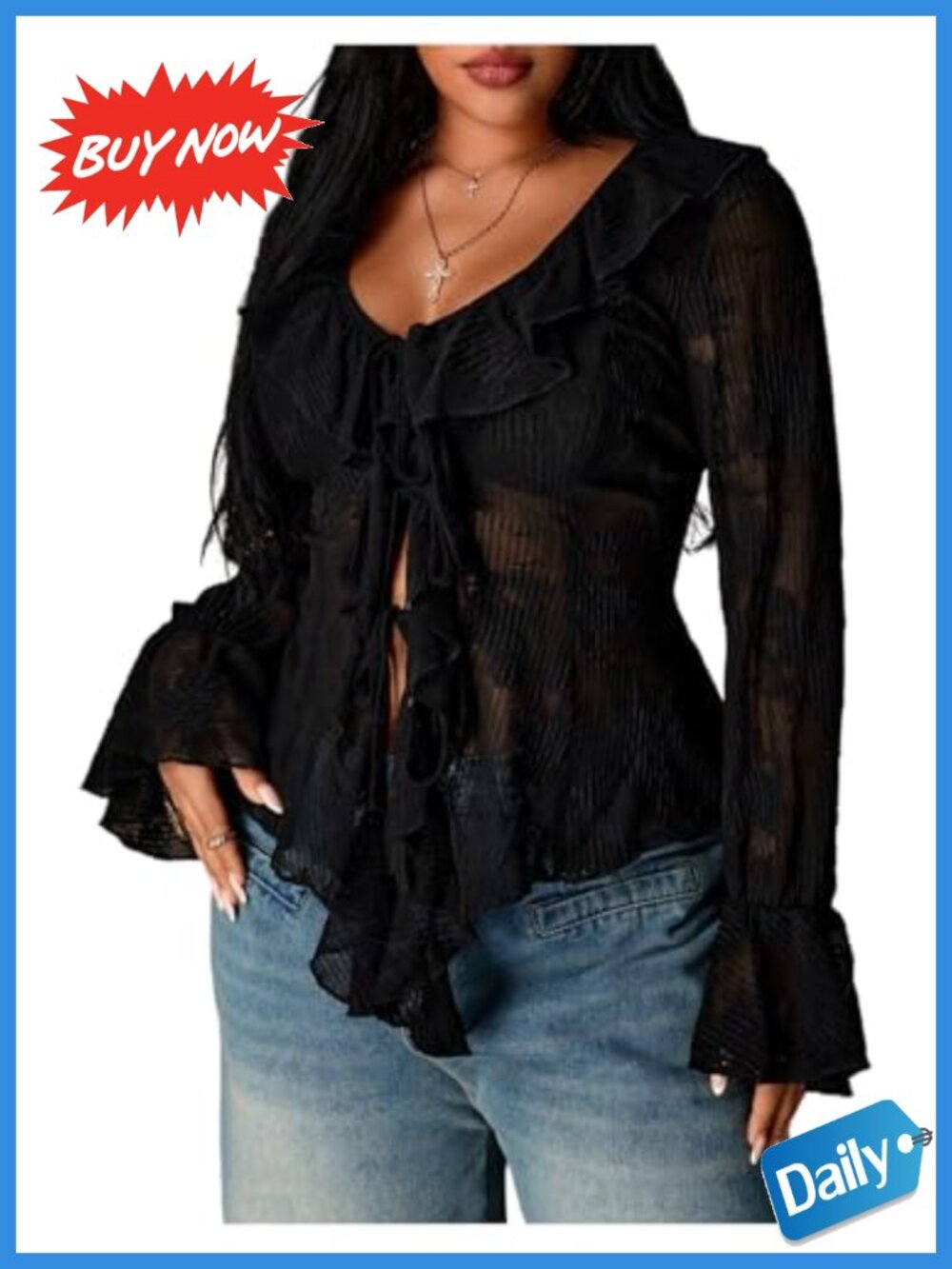 Plus Size Ruffle Bell Sleeve Tie Front Top - Semi Sheer V-Neck Blouse